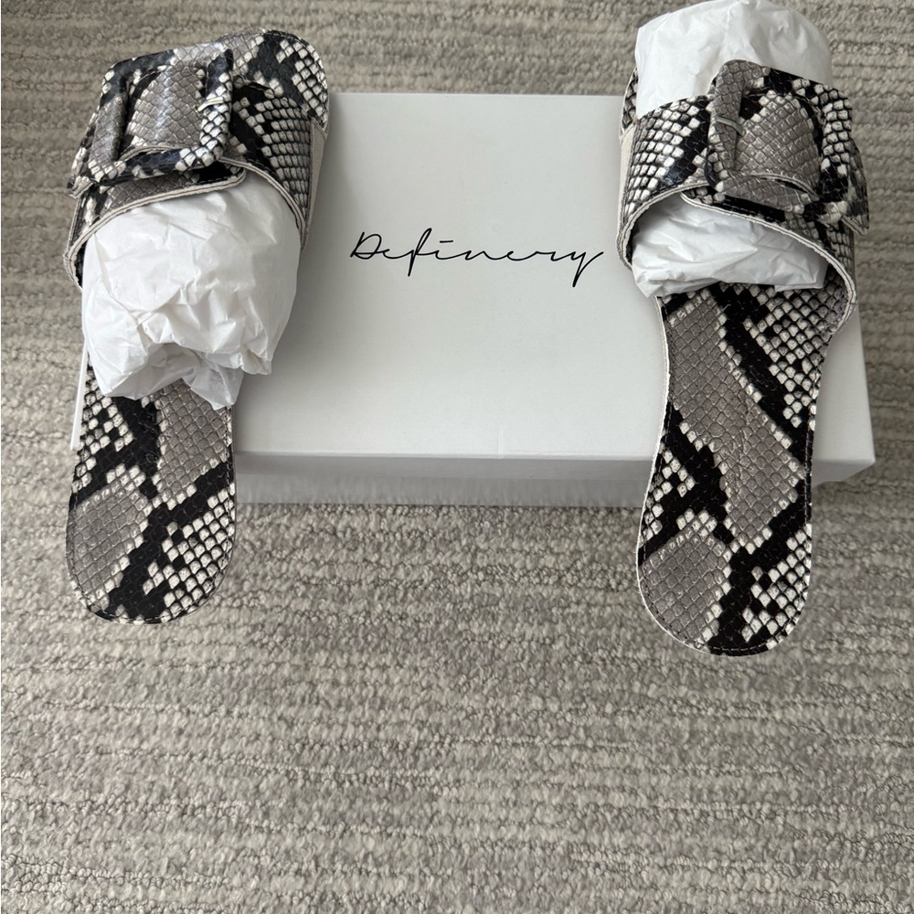 Snake-Print Slide Sandals in Black and Gray
